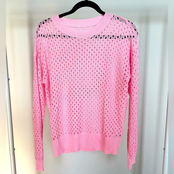 Women's Crochet Crewneck Lightweight Hollow Out Long Sleeve Knit Sweater | Pink - Picture 1 of 6